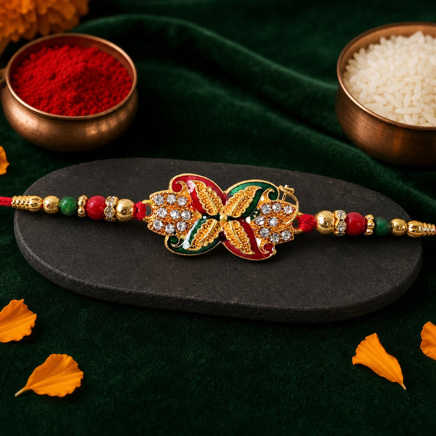 Bead Rakhi with Golden Flower Motif Elegant & Festive Sibling Gift (10pcs)