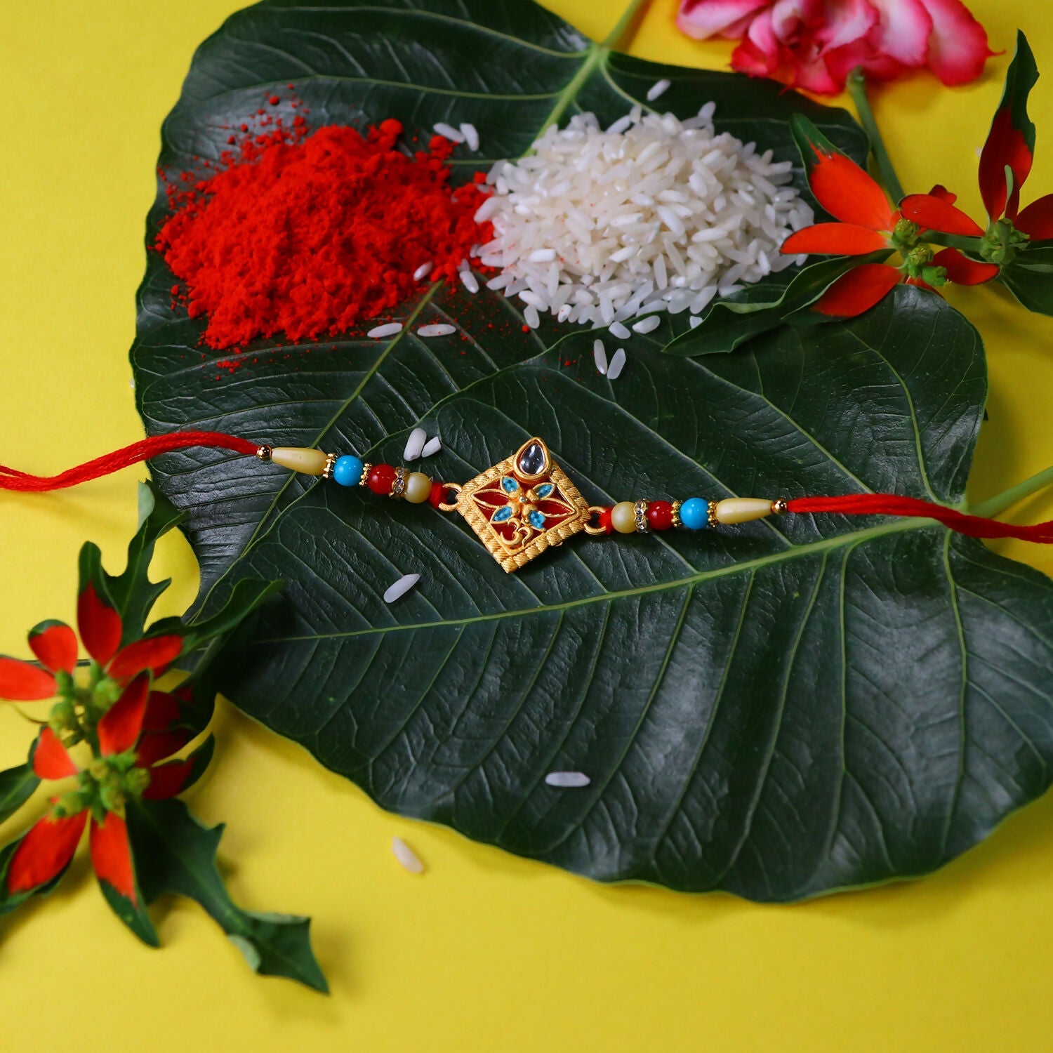 Diamond Shape Rakhi with Stone Embellishments and Beads (10pcs)