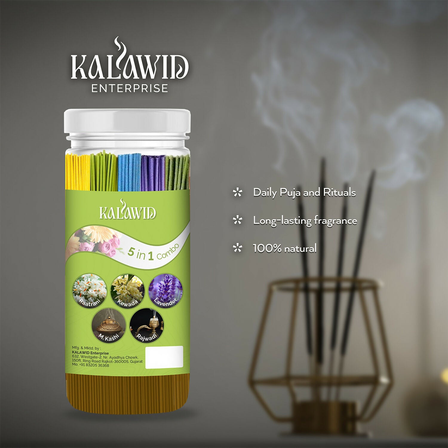 Premium Agarbatti 5 In 1 Combo with Raatrani, Kewada, Lavender, Masalakashi, Rajwadi Fragrances for Long Lasting Aroma (400 Gm)