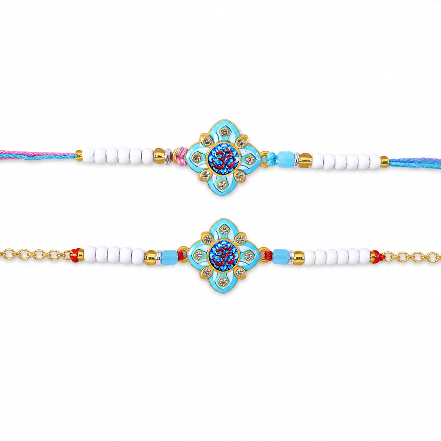 Om Printed Clover Crystal Studded Pearl Beads Bhai Bhabhi Rakhi Set