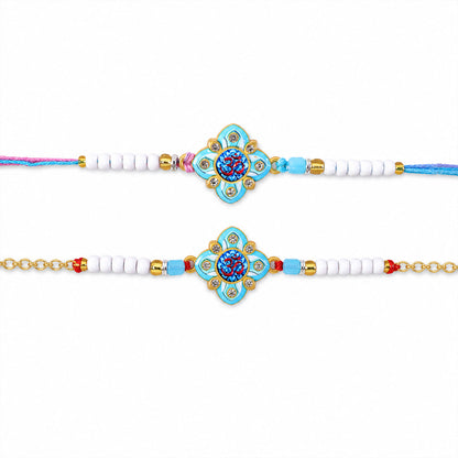 Om Printed Clover Crystal Studded Pearl Beads Bhai Bhabhi Rakhi Set