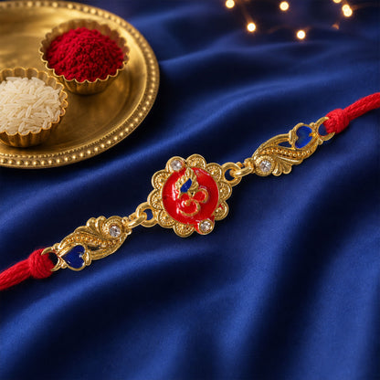 Premium Rakhi featuring Om Plaque, gold trims and chain look for Festive Display