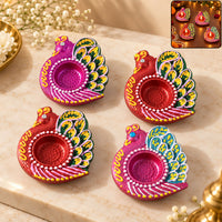Decorative Peacock Diya Set of 4 for Diwali Puja Home Temple Festive Table Decoration