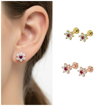 Combo pack of gold and rose gold plated flower labret stud earrings with sparkling stones