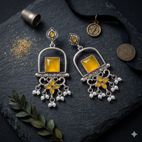 Handcrafted Oxidized Silver Geometric Dangle Earrings with Yellow Stones