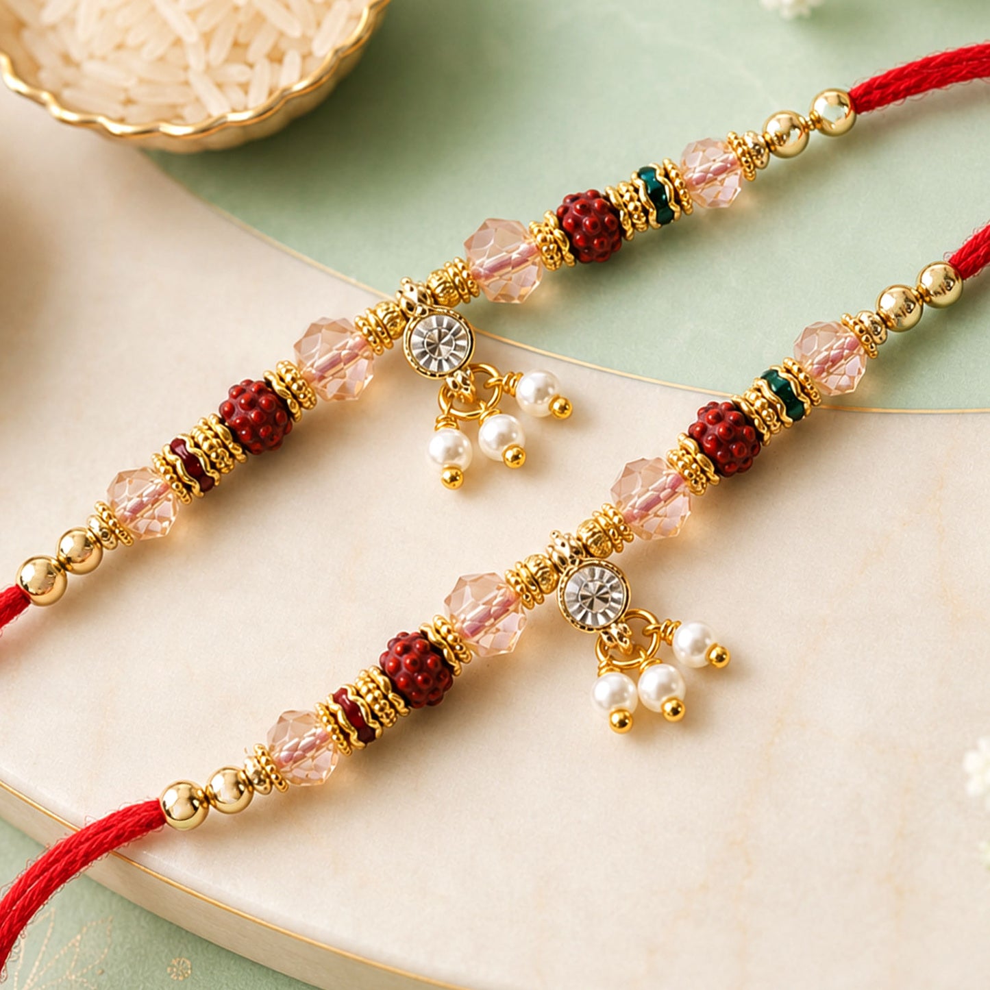 Crystal Beaded Bhaiya Bhabhi Rakhi Set with Pearl Lumba for Couple Raksha Bandhan