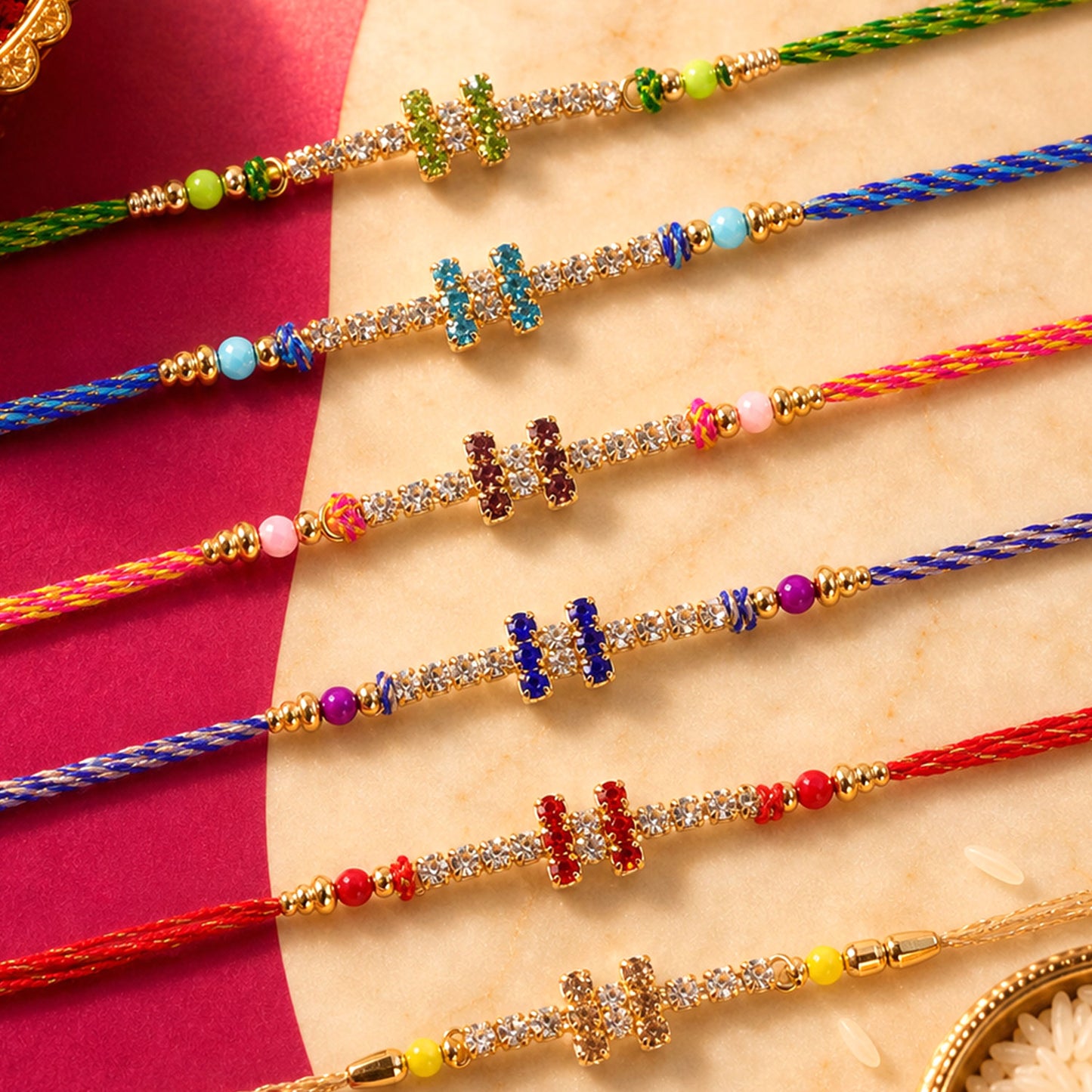 Compact Twin Bar Stone Rakhi in Mix Colour Threads (Pack of 6)