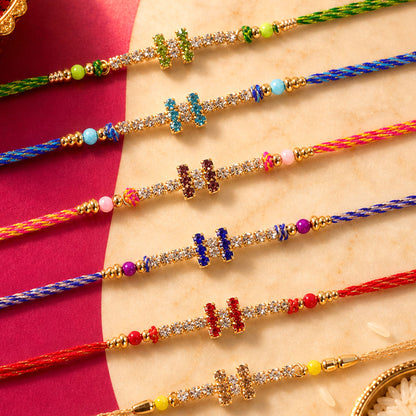 Compact Twin Bar Stone Rakhi in Mix Colour Threads (Pack of 6)