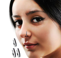 Silver Black CZ Single Row Non-Pierced Nose Cuff/Ring Combo Pack of 3