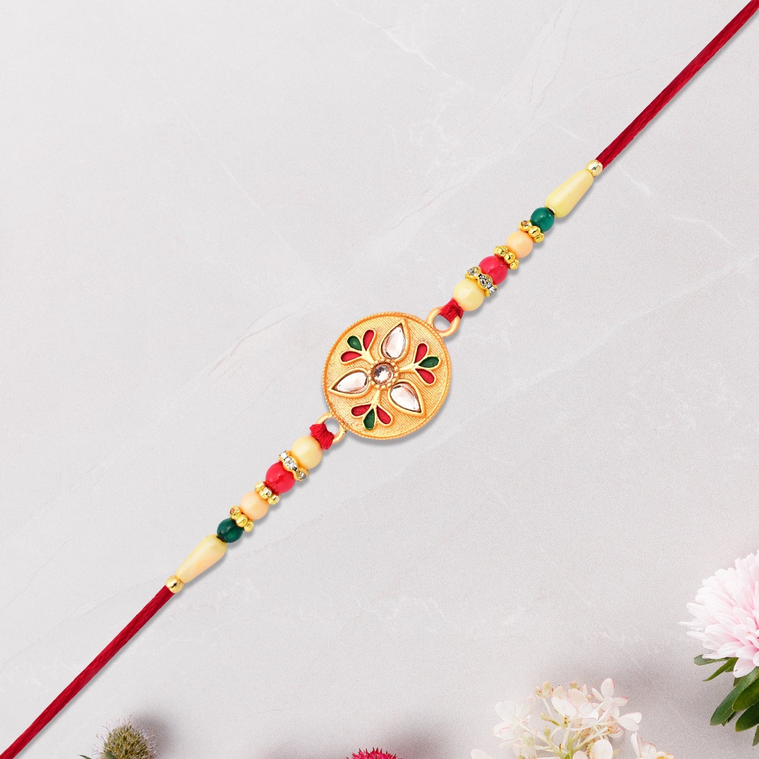 Kalash Rakhi Sacred Design with Embellished Beads & Red Thread (5pcs)