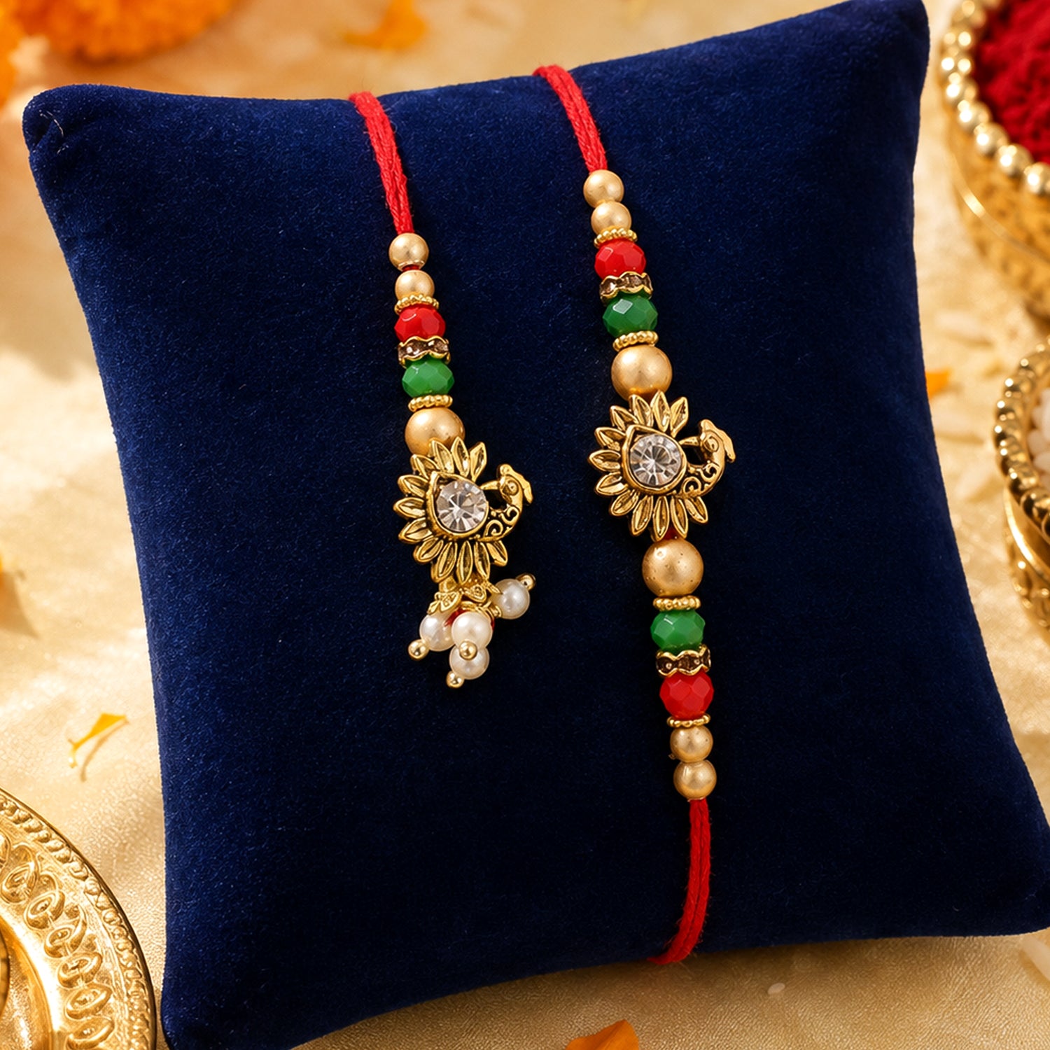 Classic Floral Motif Design Bhai Bhabhi Rakhi with Flower and Pearl Tassel for Gift