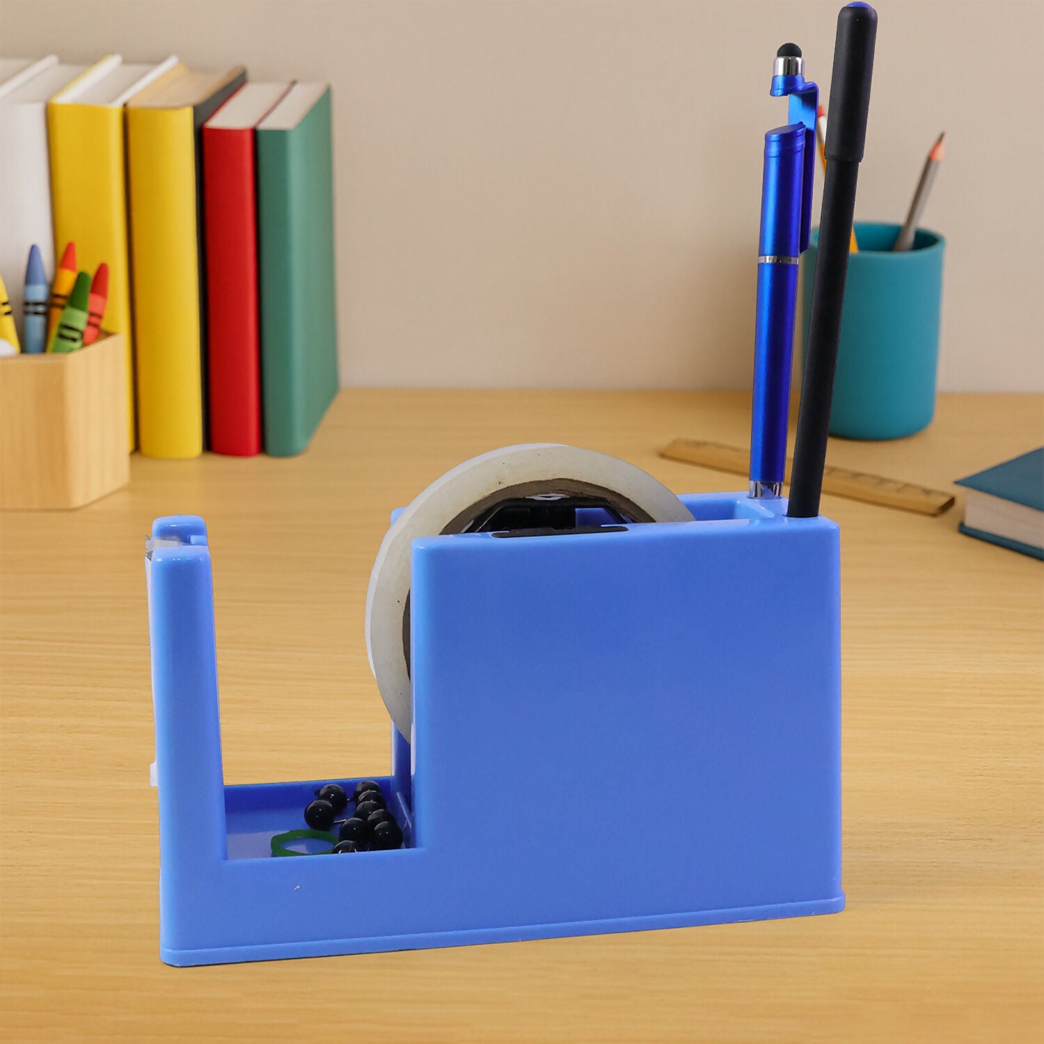 Tape dispenser pen holder with pens inside