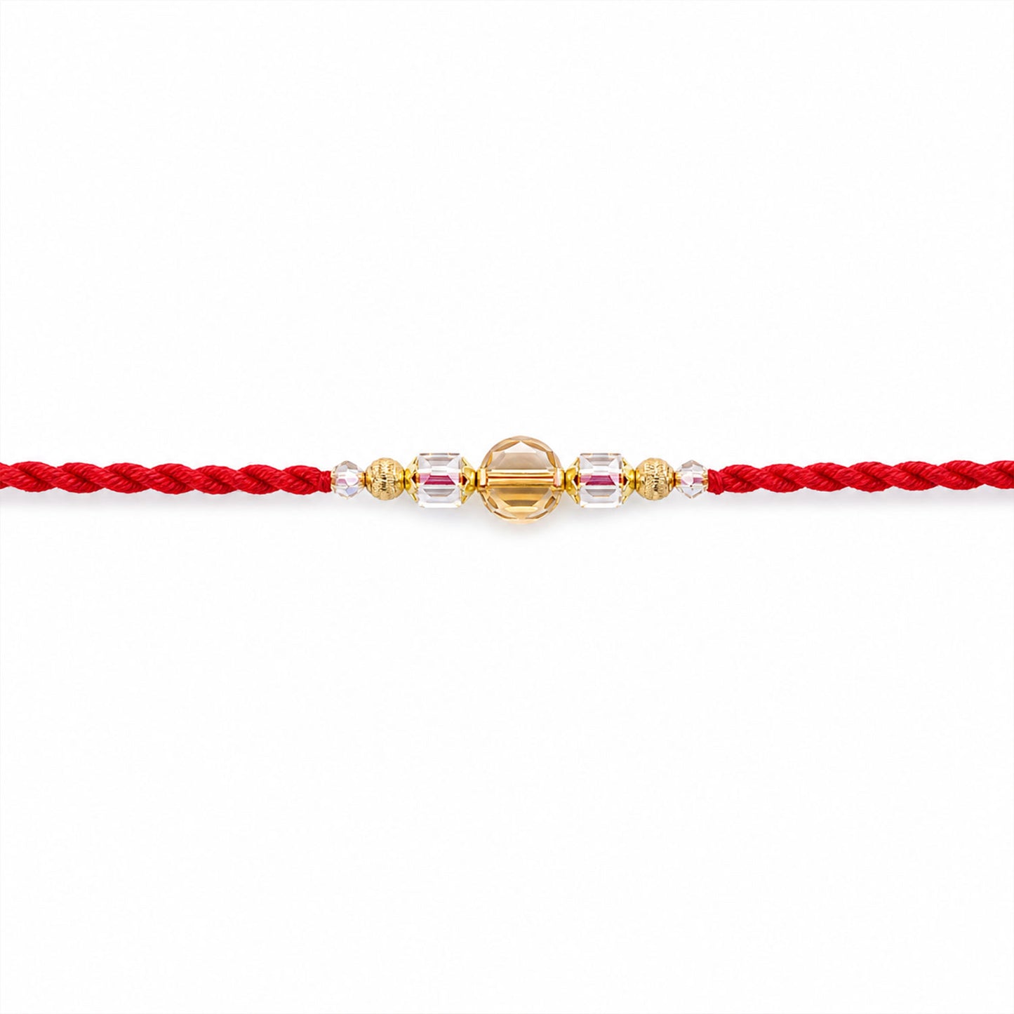 Red Thread Rakhi with Golden and Sparkling Crystal Bead Accents