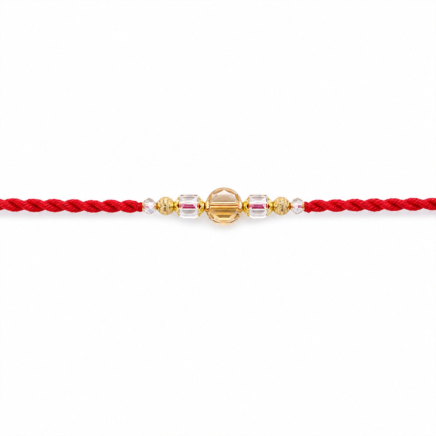 Red Thread Rakhi with Golden and Sparkling Crystal Bead Accents