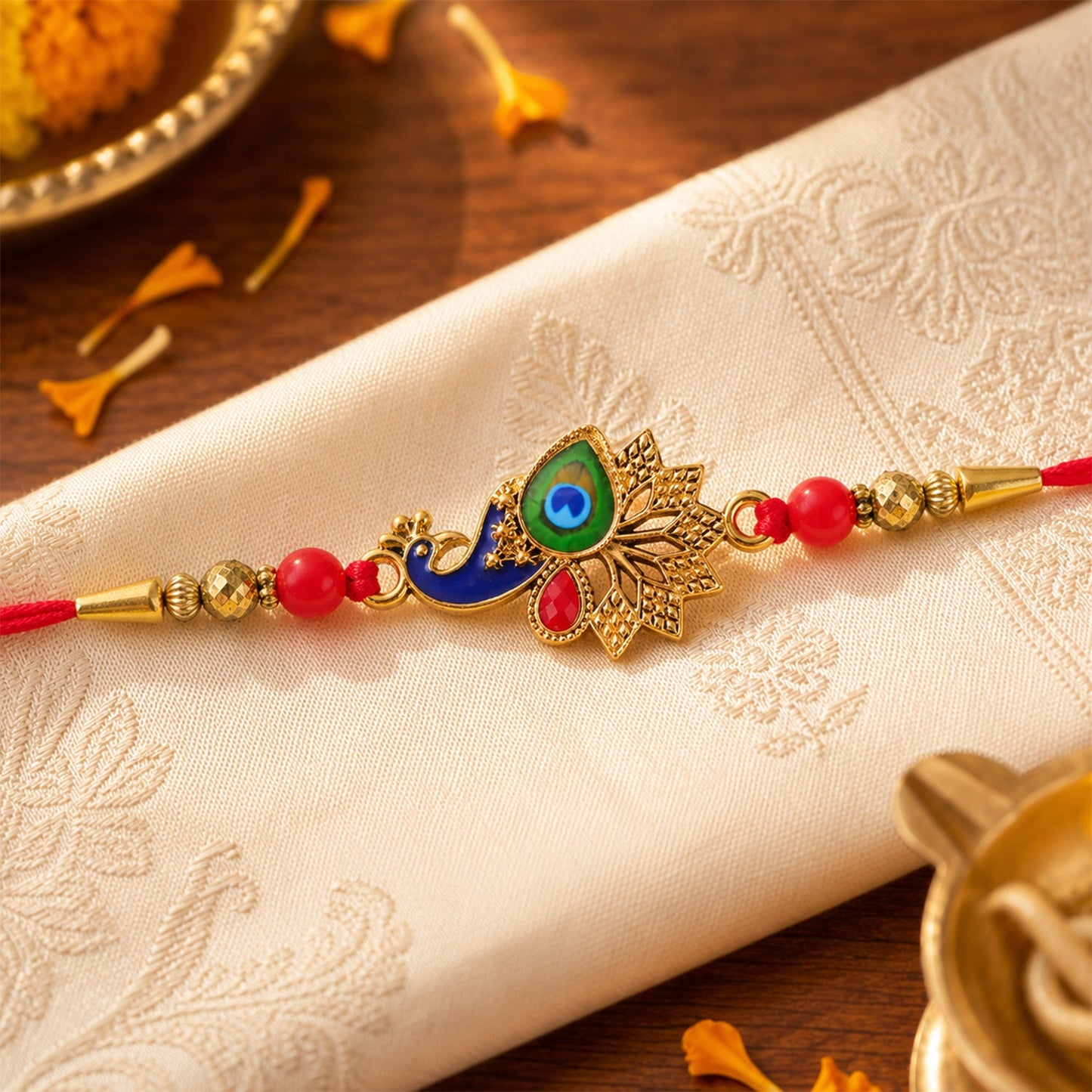 Peacock Rakhi, Vibrant Enamel & Beadwork Design (5pcs)