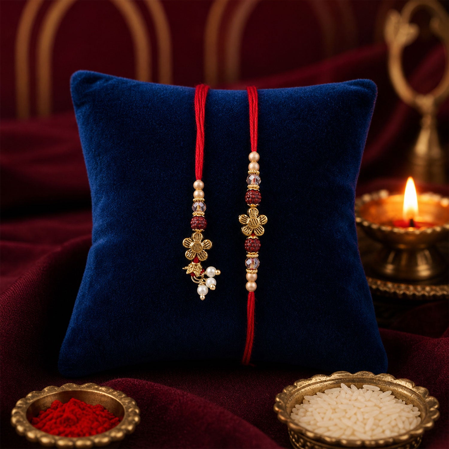 Classic Floral Motif Design Bhai Bhabhi Rakhi with Floral Rakhi and Tassel for Gift