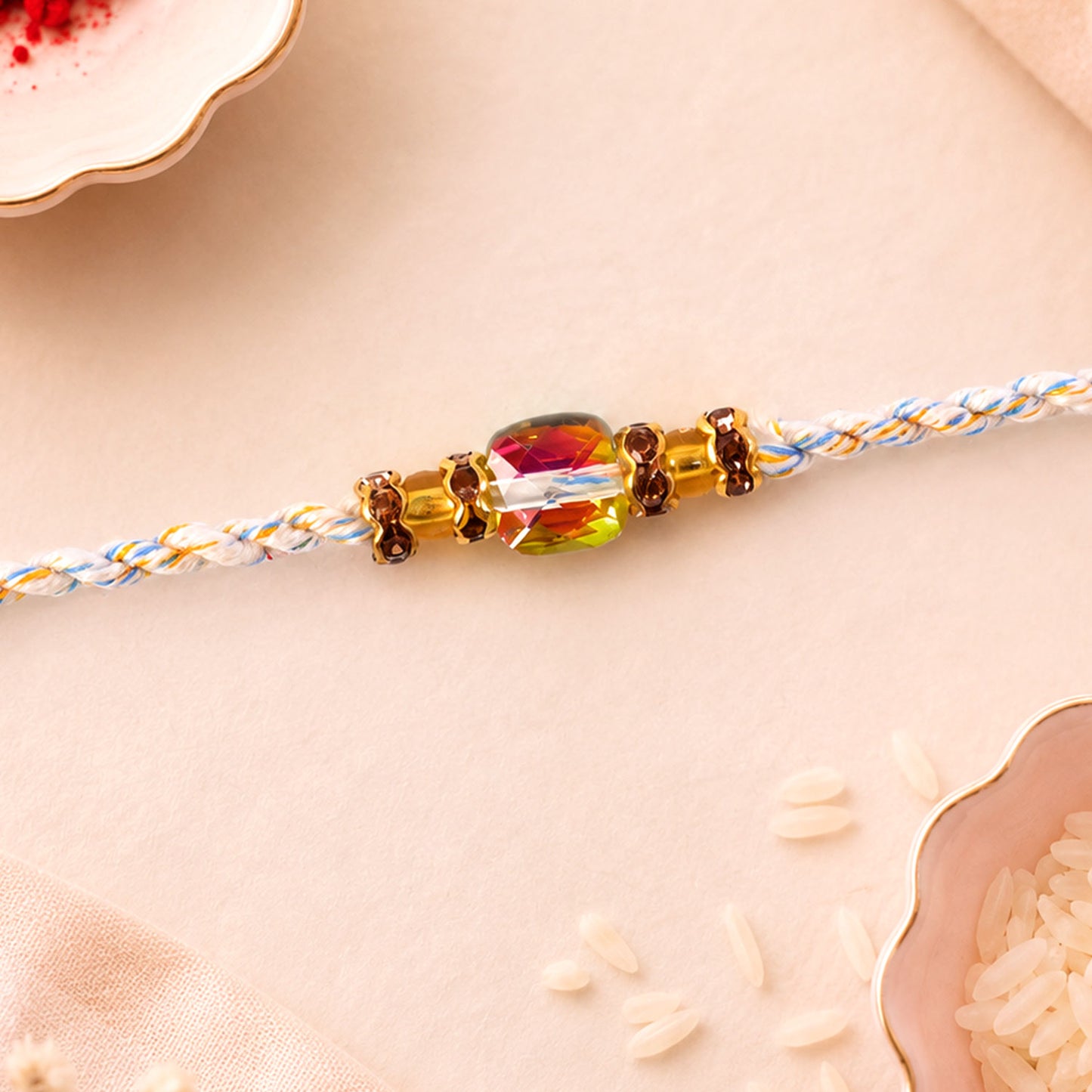 Aurora Crystal Macrame Bracelet Rakhi with Rainbow Stone Shine and Soft Thread