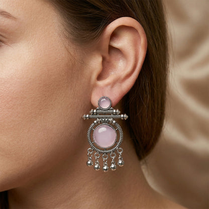 Side angle of Pink Stone Dangle Earrings