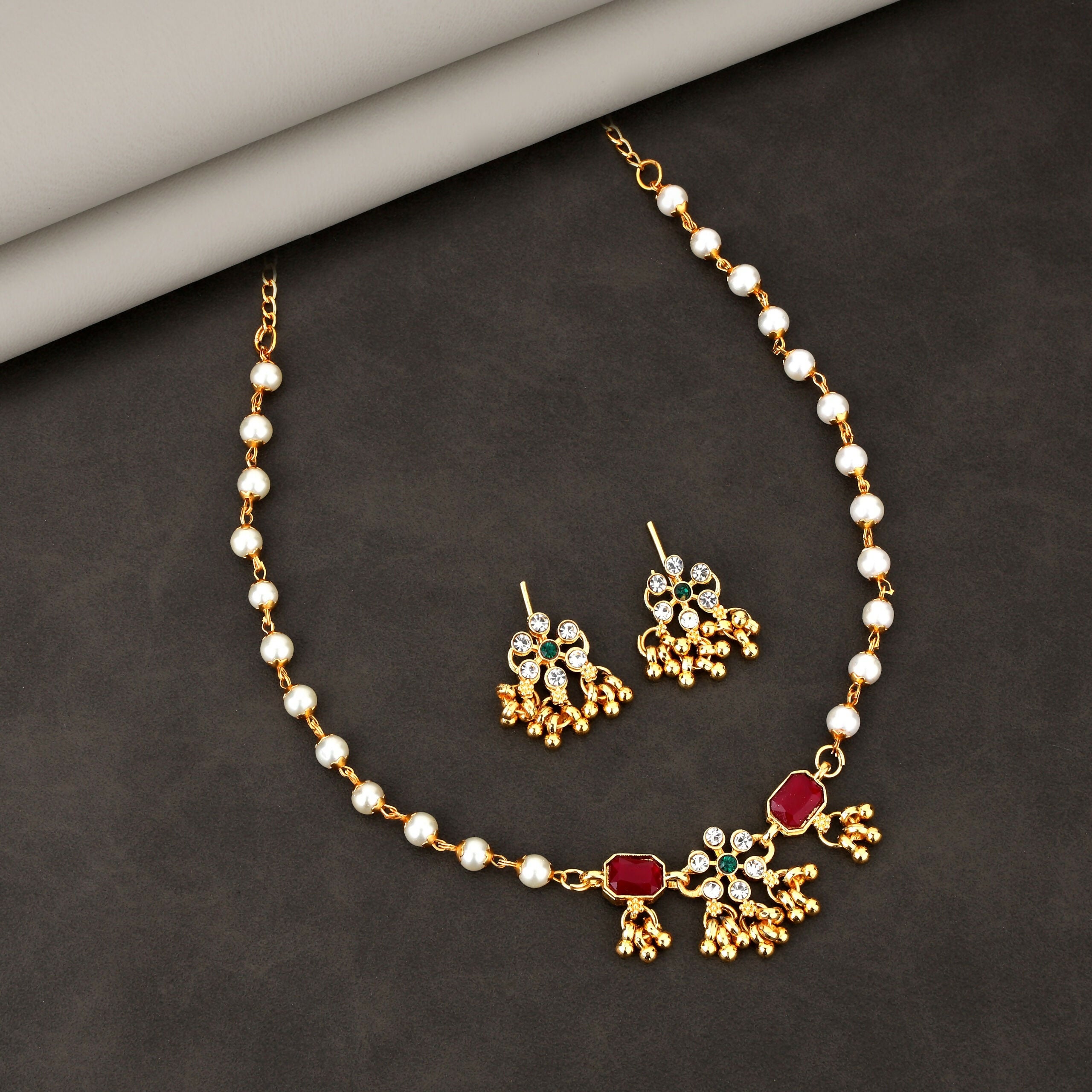 Meenakari Necklace – Gold-Plated Rose Double Pendant with Tassels