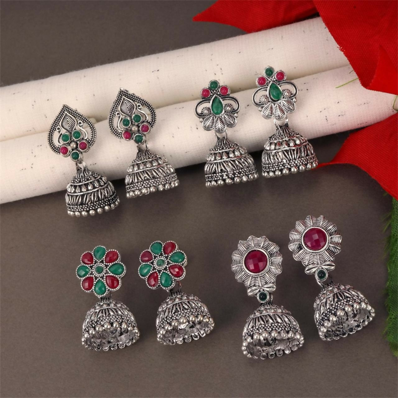 Traditional Oxidised Silver Jhumka Earrings Combo Set for Women & Girls (Set of 4)