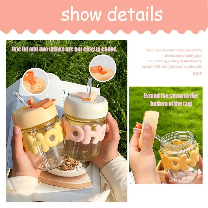 HOHO Cute Glass Milk Jar with Straw & Silicone Lid | 400ml Leakproof Reusable Smoothie Cup | Aesthetic Mason Jar Tumbler for Milk, Juice & Coffee | Pastel Yellow Silicone Grip | Eco-Friendly Glass Cup