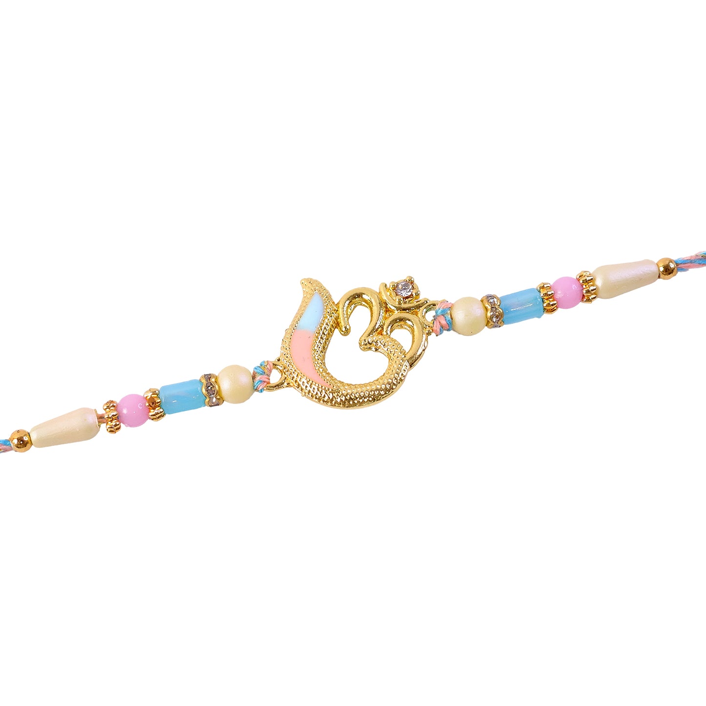 Peacock and Om Enamel Pendant Rakhi with Pastel Beads