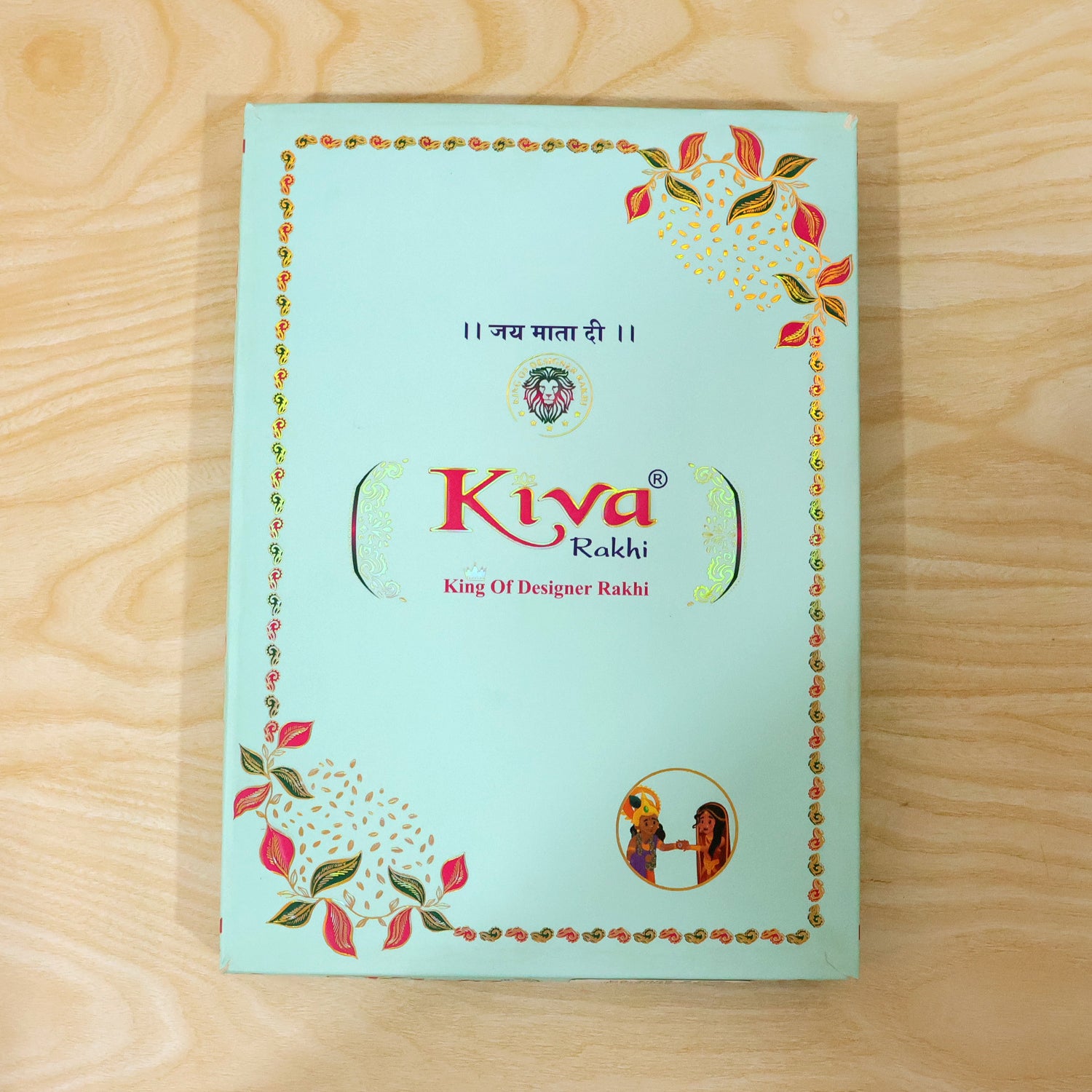Rectangular Pearl Crystal Rakhi with Red Blue Beads, Roli Chawal Coin and Gift Packing
