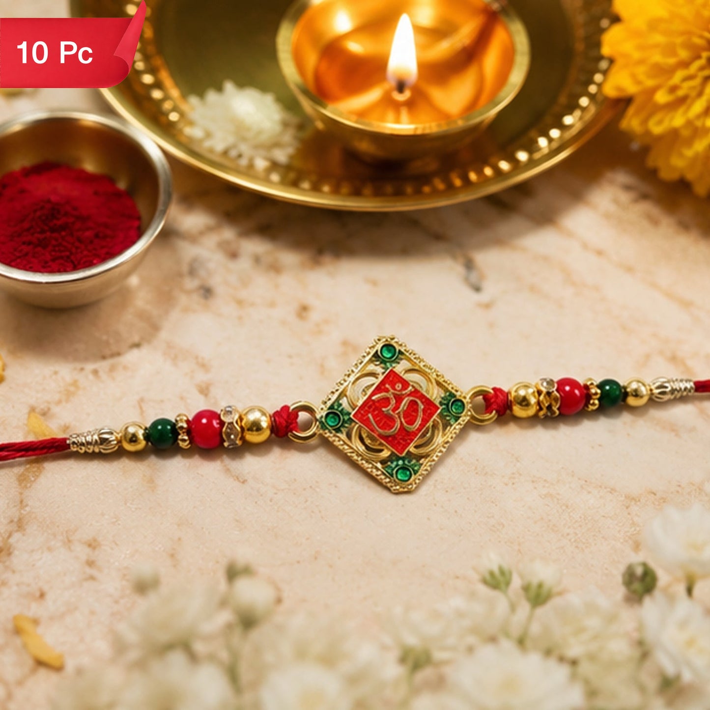 Square Om Kundan Beaded Traditional Rakhi for Brothers (10pcs)