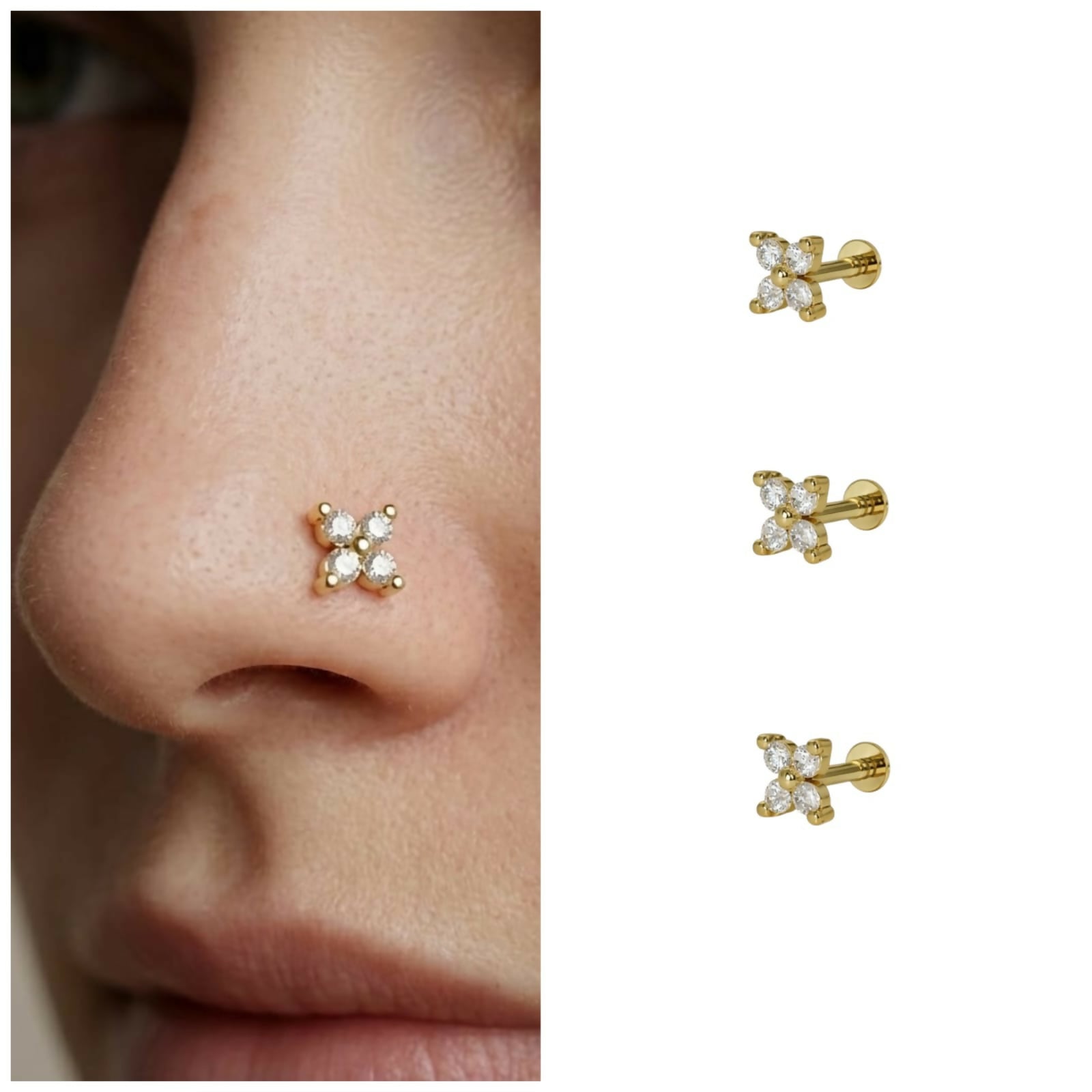 Gold plated flat back nosepin stud featuring a delicate four-petal diamond flower design