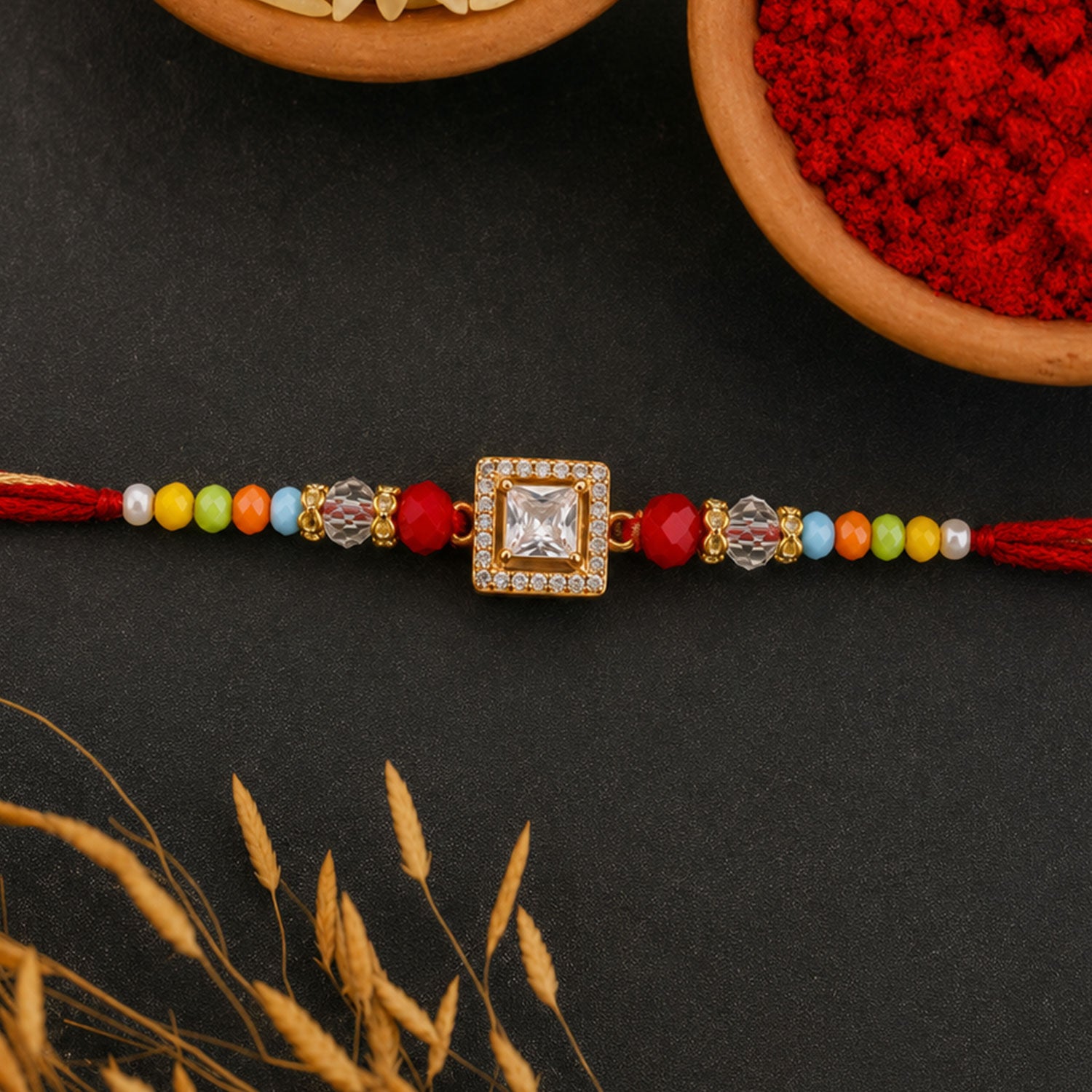Multicolour Crystal Square Solitaire AD Stone Designer Rakhi for Brother
