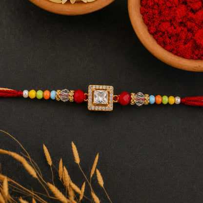 Multicolour Crystal Square Solitaire AD Stone Designer Rakhi for Brother