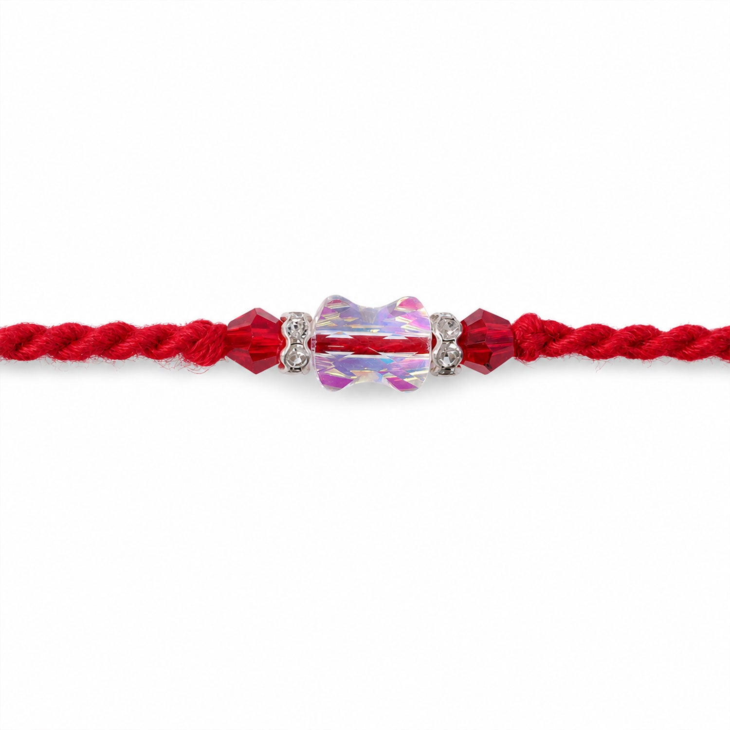 Red Thread Rakhi with an Iridescent Bow-Tie Shaped Crystal Bead