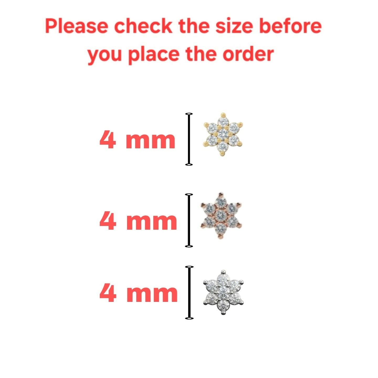 Gold, silver and rose gold plated Flower Labret AD nosepin Stud Combo Pack of 3