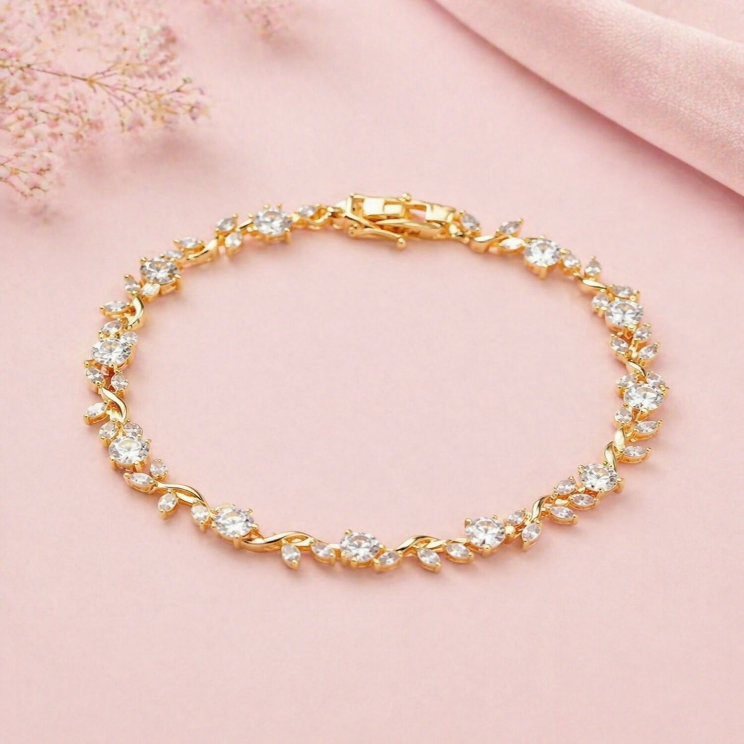 Close-up of crystal-studded vine design on bracelet