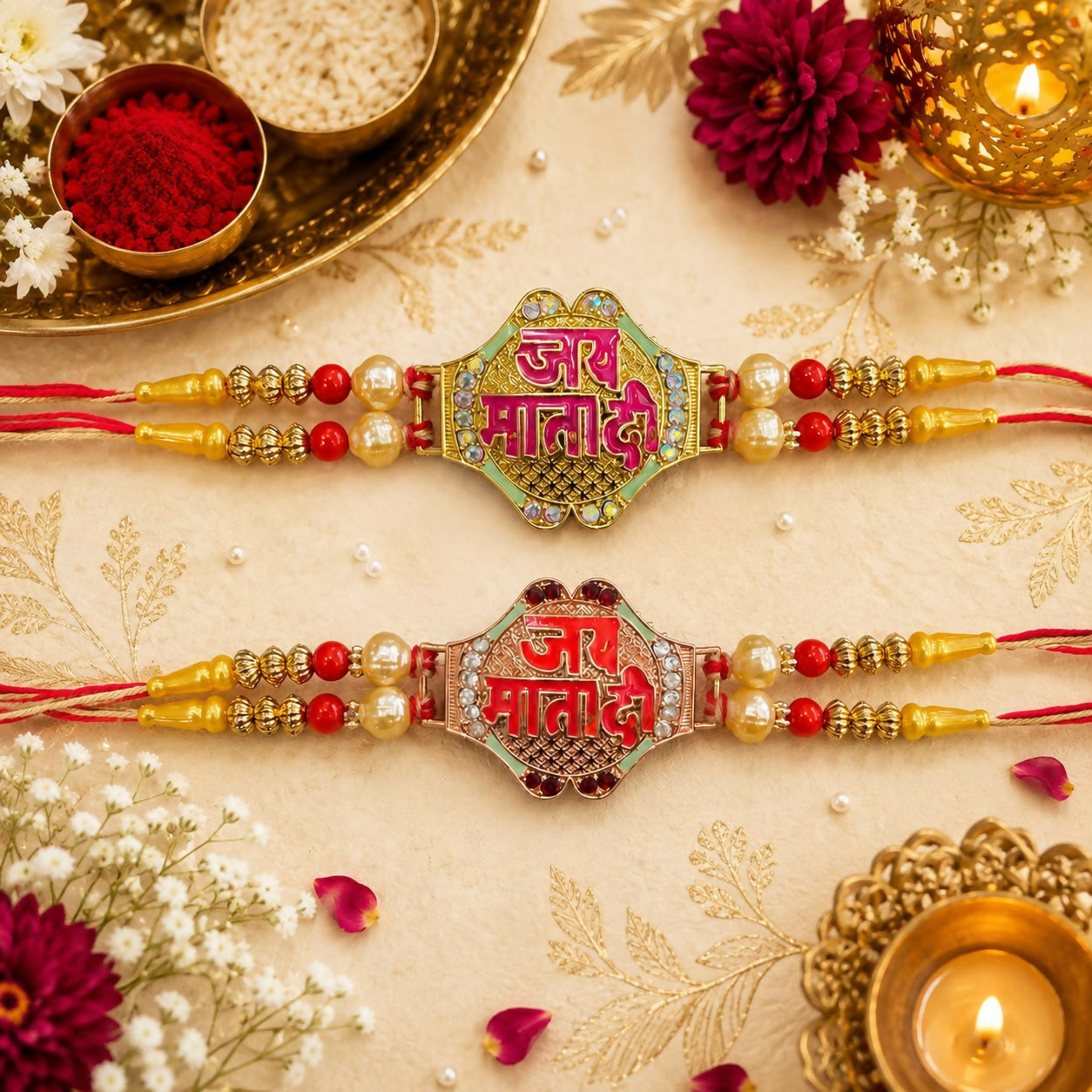 Two ornate bracelets with "Jai Mata Di" in Hindi, one green and one red, surrounded by pearls and beads on a beige cloth.
