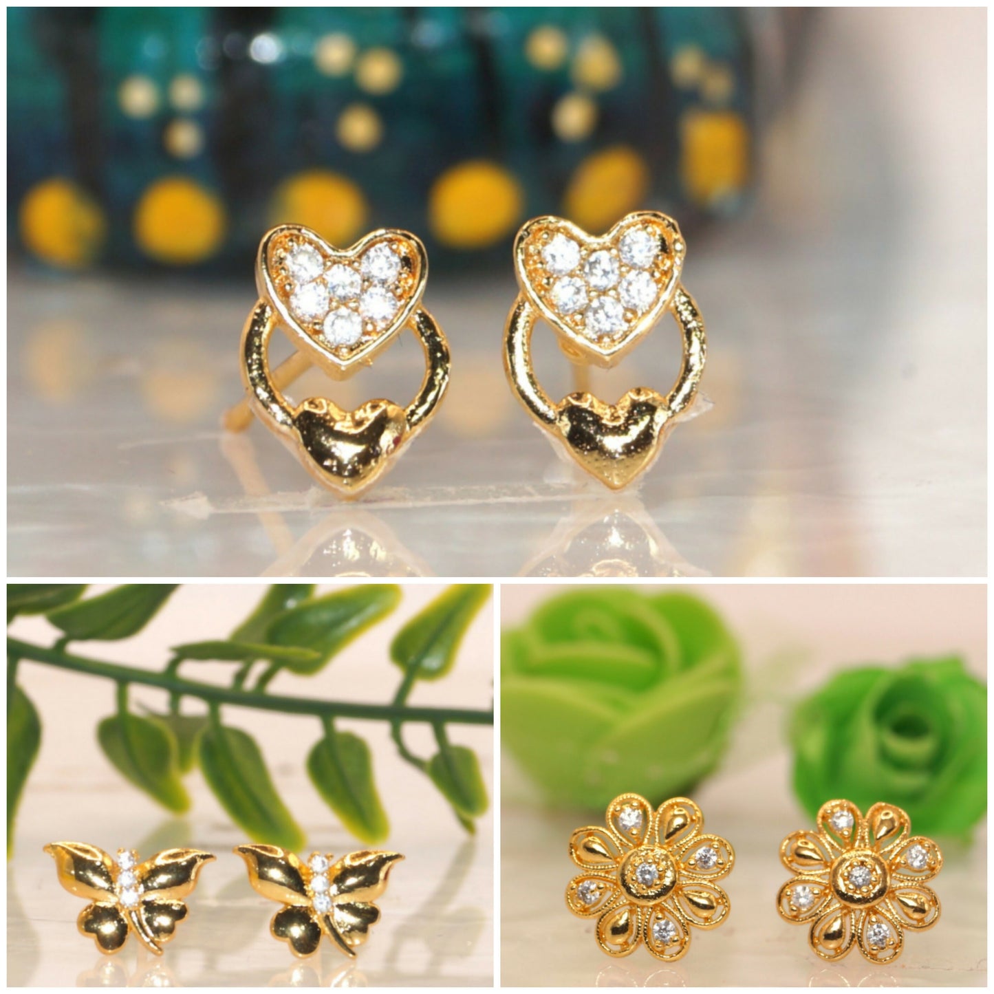 Gold Stud Earrings: Heart, Flower & Butterfly for women and girls Combo Pack of 3