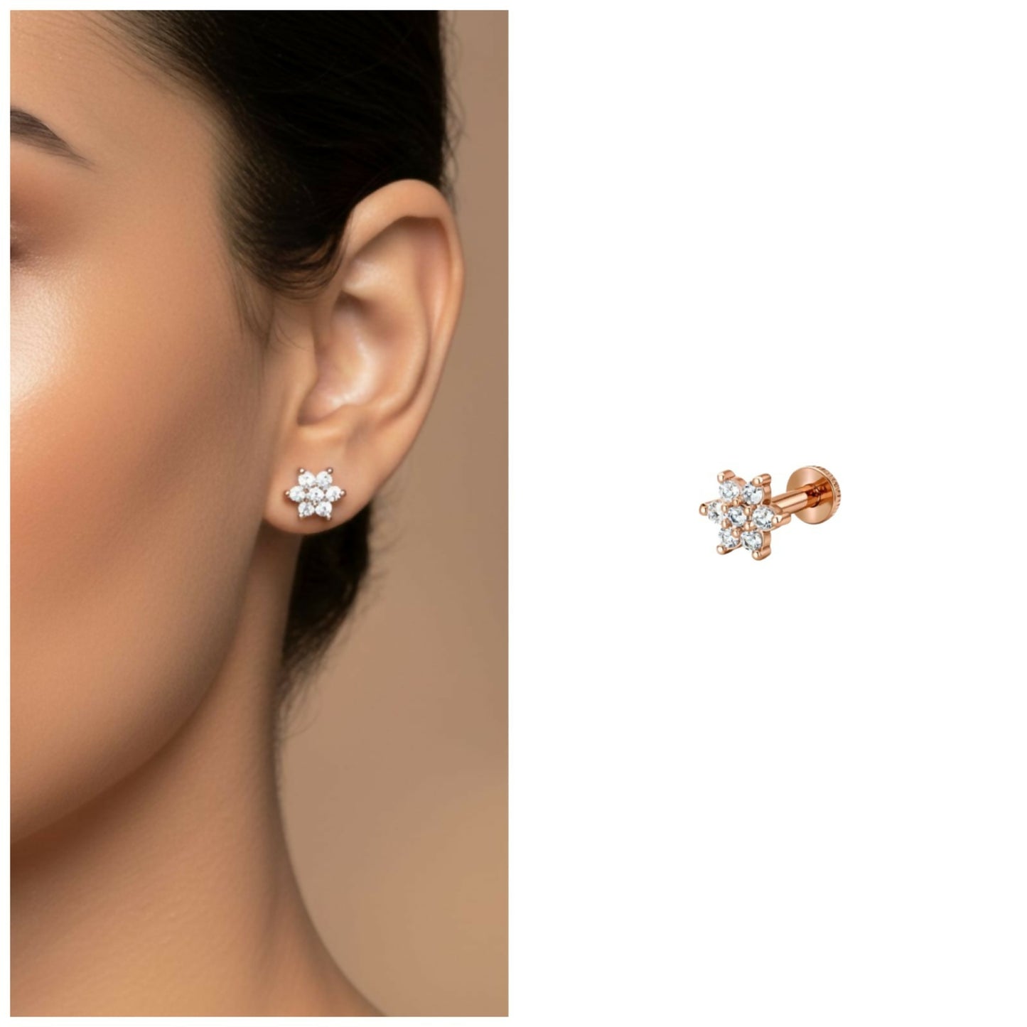 Close-up of rose gold flower stud earrings with sparkling crystals