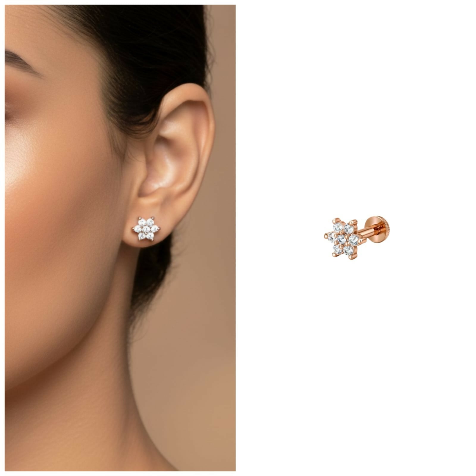 Close-up of rose gold flower stud earrings with sparkling crystals