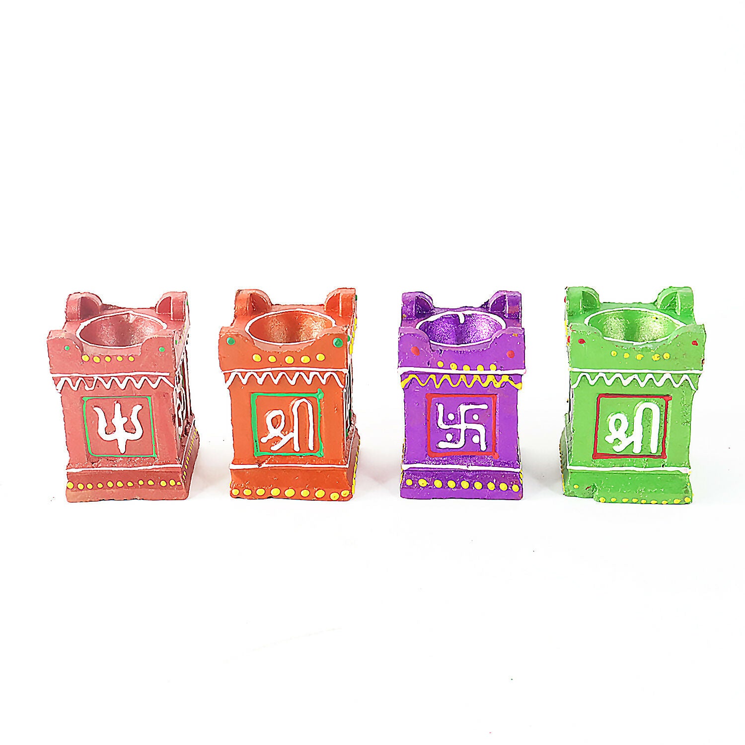 Traditional Handcrafted Square Diya Set of 4 – Decorative Clay Oil Lamp with Swastik & Shree Design for Festivals & Pooja