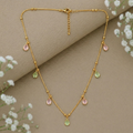 Gold Beaded Chain Pastel Teardrop Charm Necklace Pink Green CZ Drops for Women