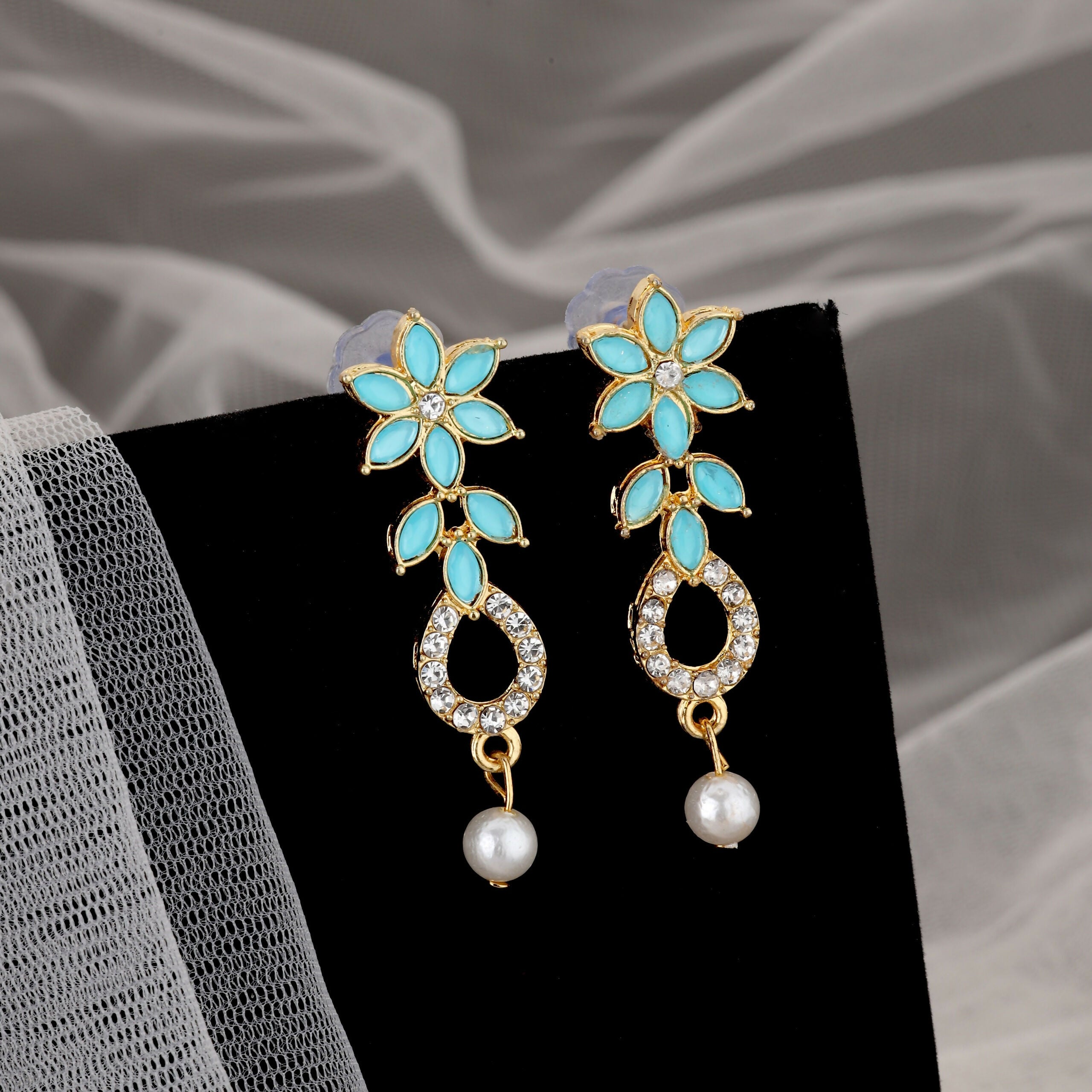 Gold-Plated Turquoise & Diamond-Look Floral Necklace Set