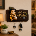 Jai Shri Krishna Wooden Wall Key Holder | Decorative 7-Hook Key Stand