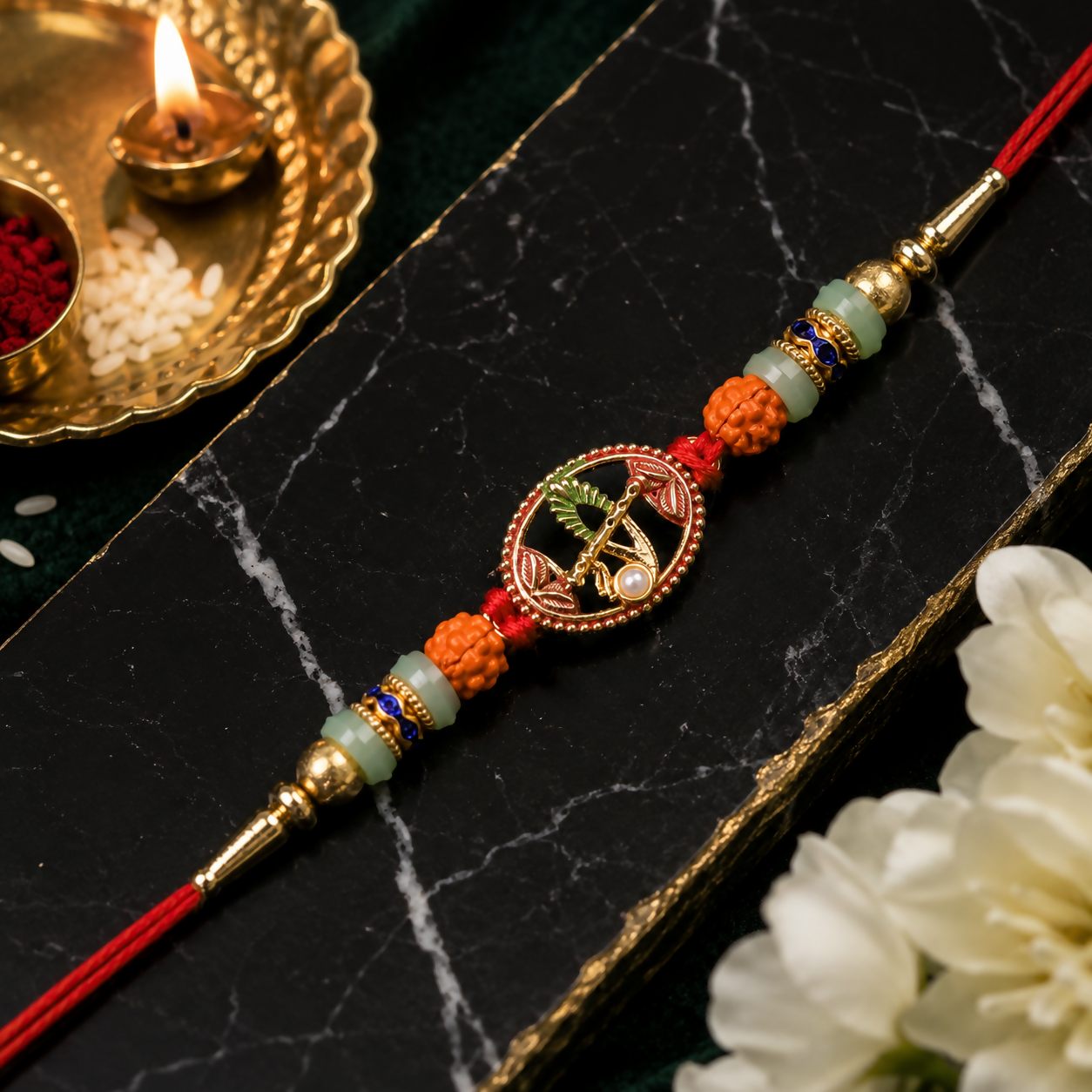 A red and gold bracelet with a central oval charm depicting a flute and peacock feather, surrounded by various colored beads