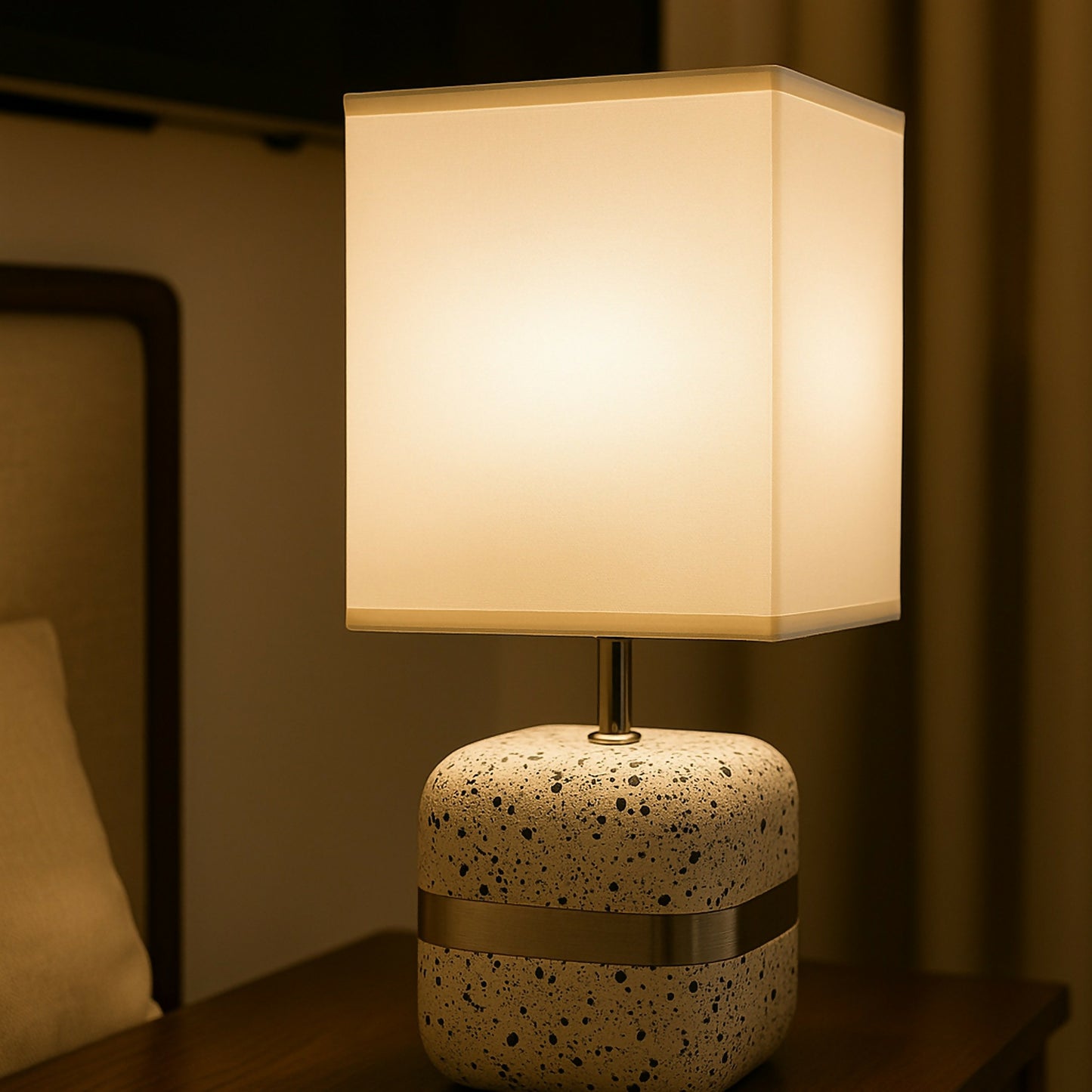 Modern Terrazzo Textured Table Lamp with White Fabric Shade & Golden Accent Band | Luxury Decorative Bedside, Living Room & Study Table Night Lamp | Soft Ambient Lighting for Home Décor