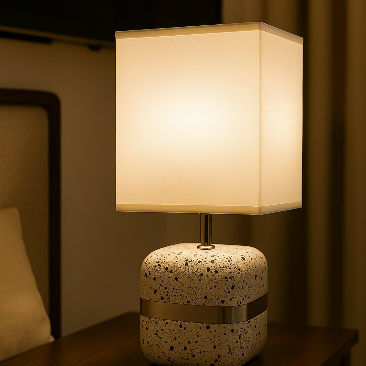 Modern Terrazzo Textured Table Lamp with White Fabric Shade & Golden Accent Band | Luxury Decorative Bedside, Living Room & Study Table Night Lamp | Soft Ambient Lighting for Home Décor