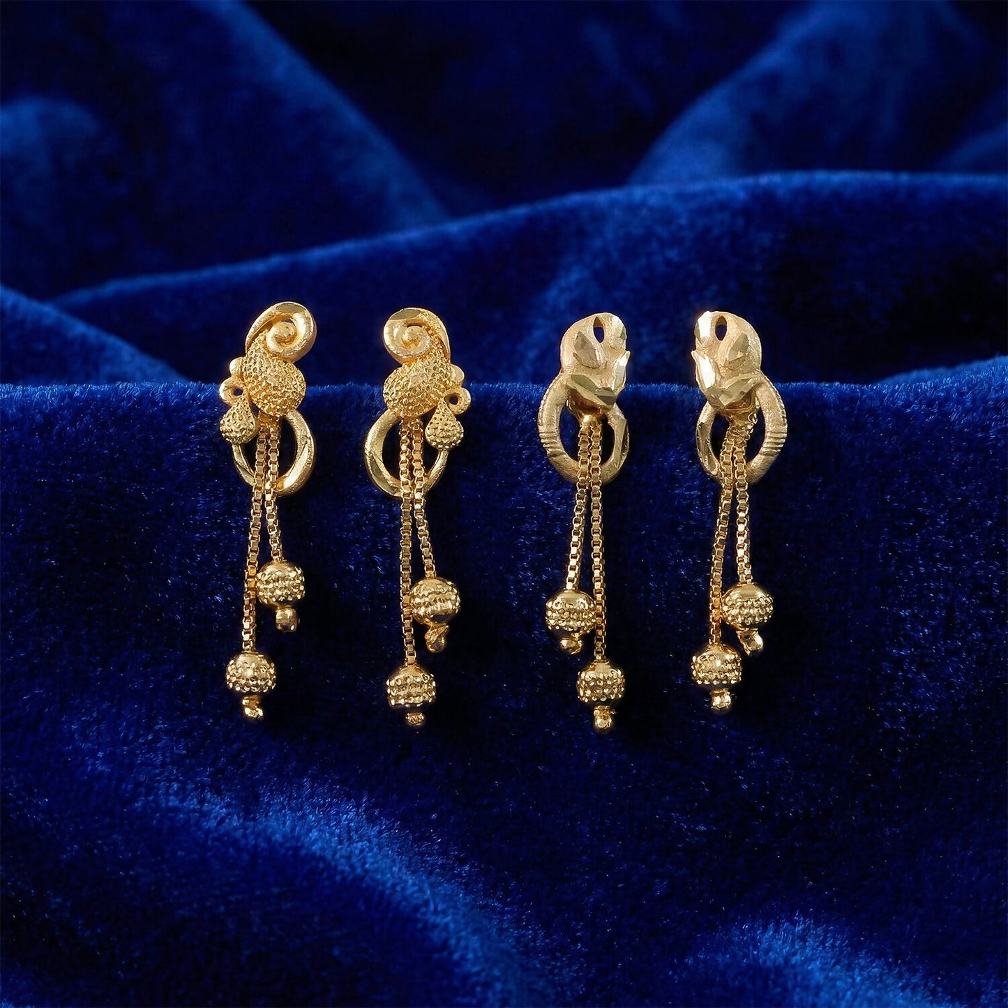 Chic Gold Chain Drop Earrings with Triple Hanging Beads and Sculpted Top Deign (2 Pair)