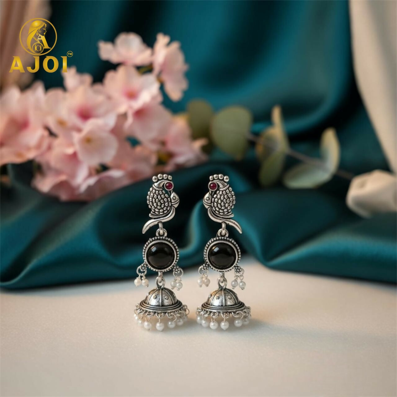 Moonlit Black Stone Peacock Earrings – Oxidized Silver Finish