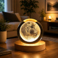 3D Crystal Moon LED Night Lamp with Wooden Base USB Powered Table Decor
