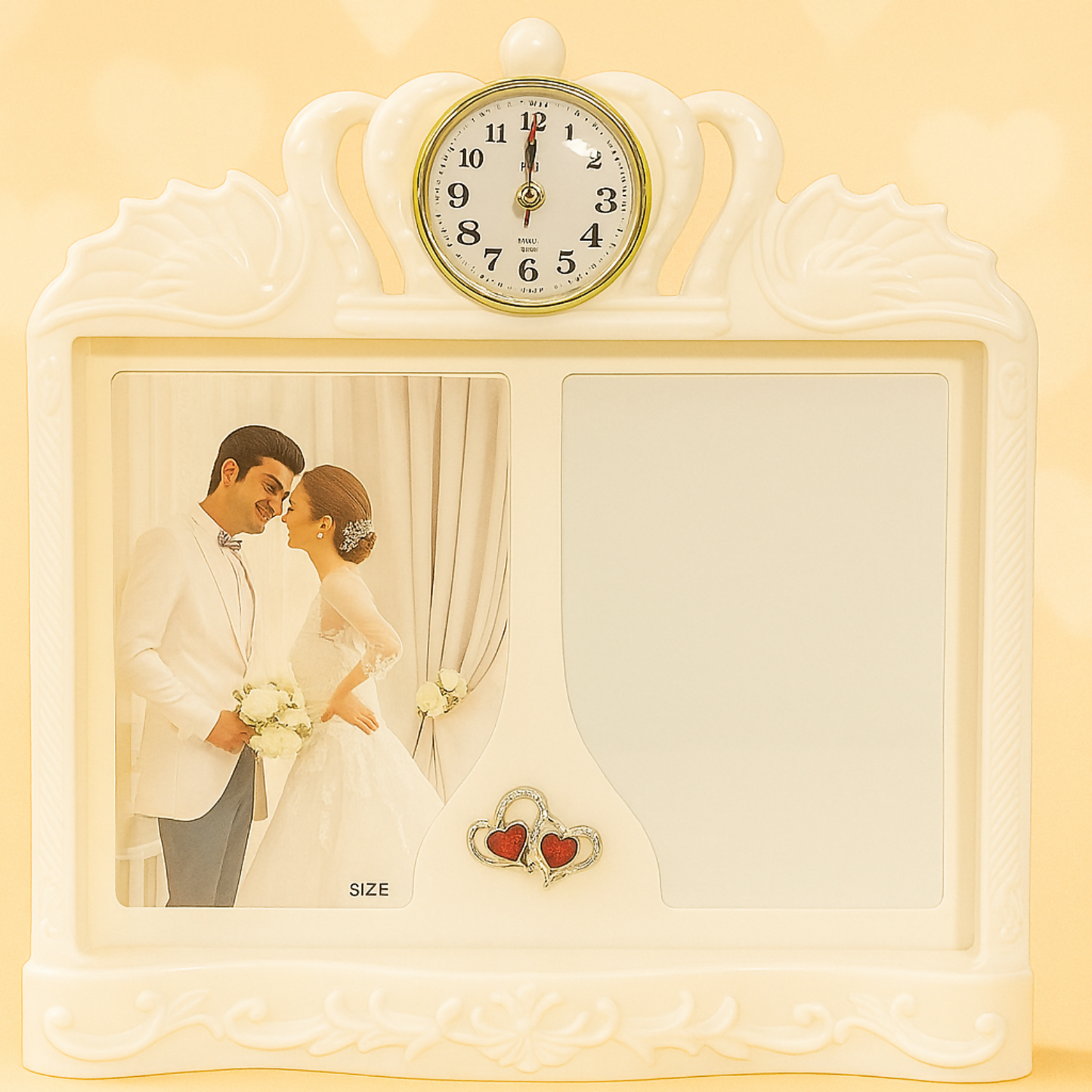 Elegant Dual Photo Frame with Built-in Clock and LED Lights | Wedding Couple Picture Frame with Red Heart Accents | Decorative Romantic Gift for Anniversary, Valentine, or Home Décor Table Display