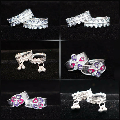 Silver-plated bichhiya toe rings featuring colorful Meenakari floral motifs combo pack